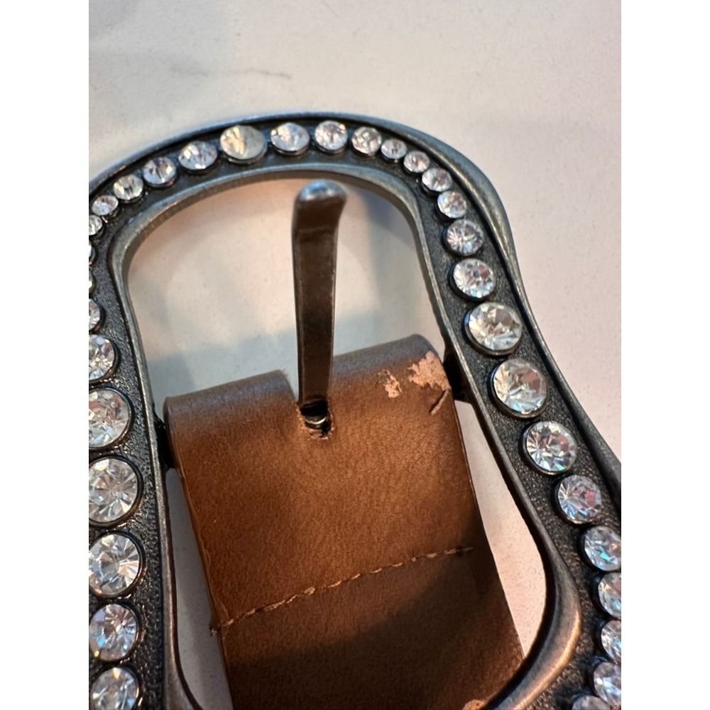 Womens Brown‎ Western Studded Belt Rhinestone Buckle Silver Studs Faux Leather - Picture 5 of 7